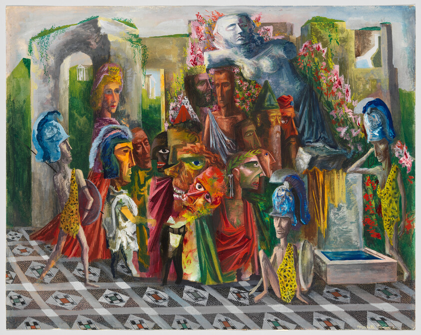 A crowded surreal scene of masked and helmeted figures gathered around statues and flowering ruins.