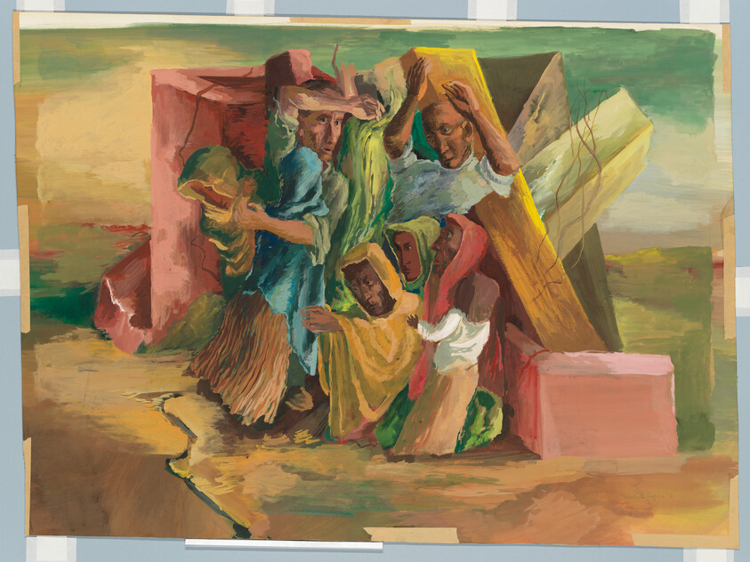 A group of people huddle under a leaning wooden beam, clutching cloth and seeking shelter.