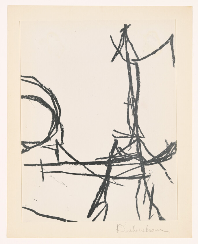 Abstract black ink lines form loose circular and vertical shapes on a cream background.