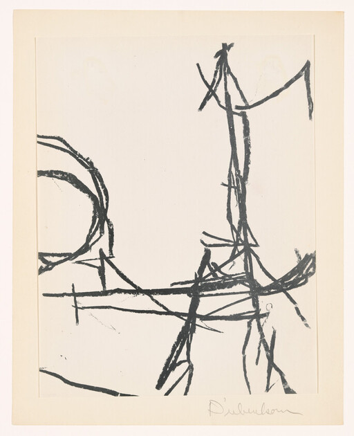 Abstract black ink lines form loose circular and vertical shapes on a cream background.