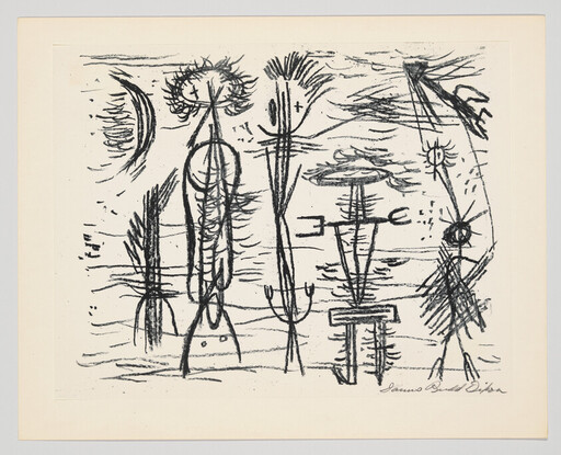 Several tall spindly abstract figures and symbols sketched in black lines across a pale background.