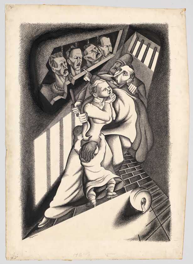 A distressed parent clutches a child while another child reaches down as stern faces peer through bars.