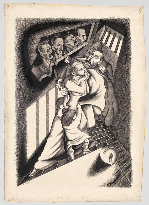 A distressed parent clutches a child while another child reaches down as stern faces peer through bars.