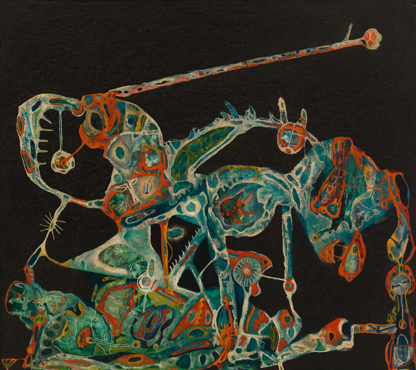 Colorful abstract organic shapes twist and connect against a dark textured background.