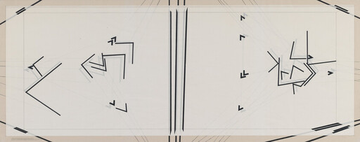 Beige background with central vertical stripes and scattered angular black line shapes on both sides.
