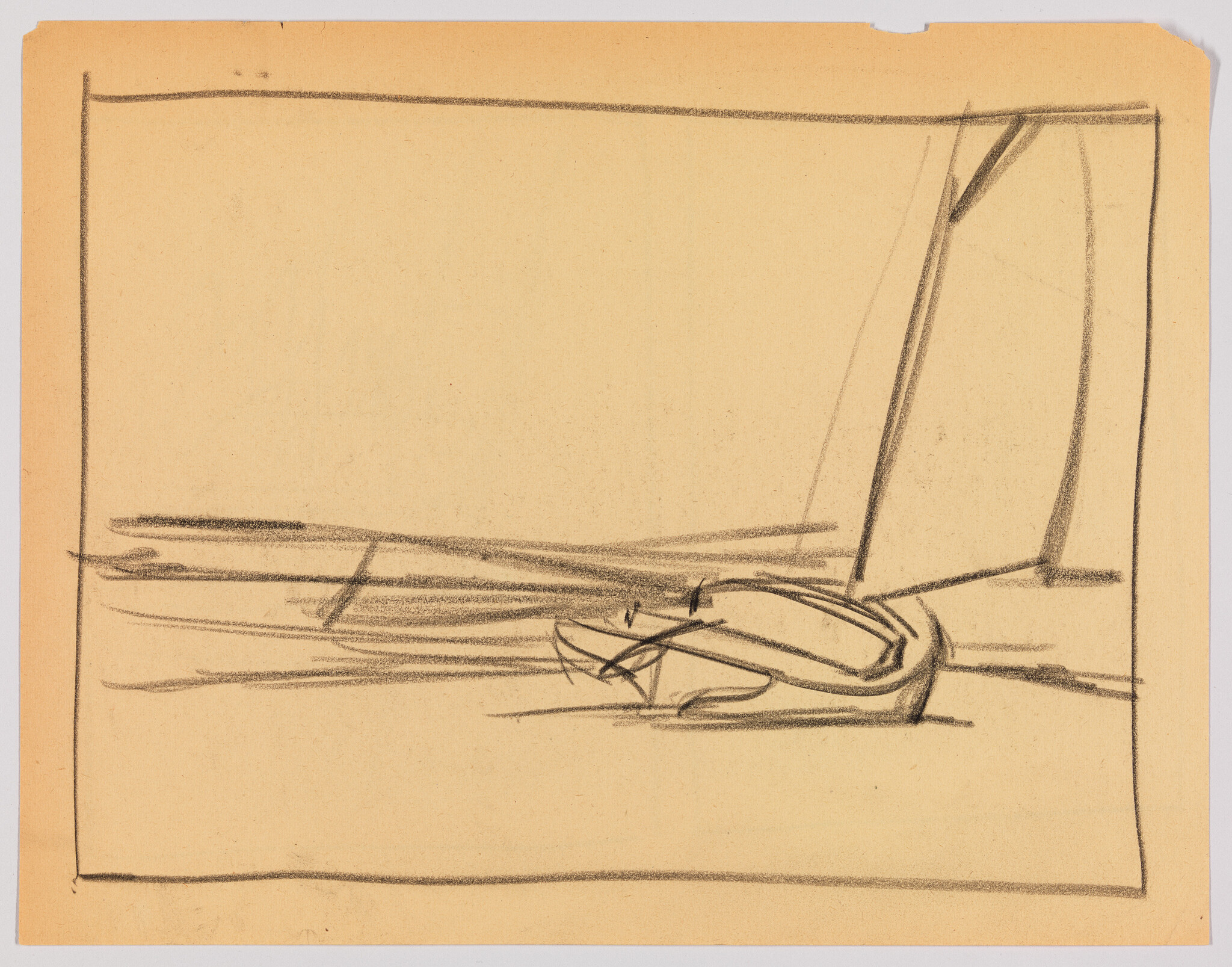 A simple charcoal sketch of a small sailboat resting on calm water near shore.