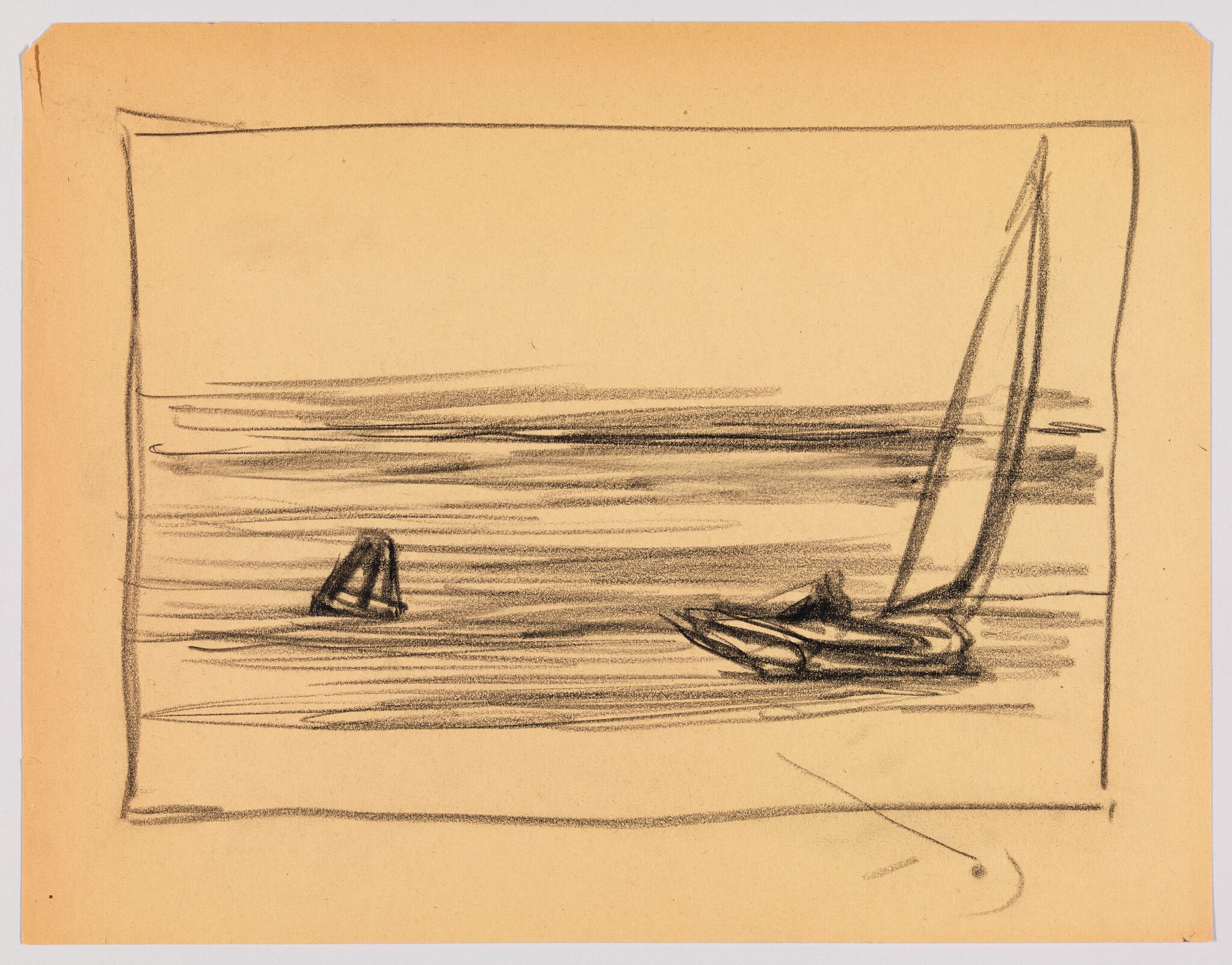 A loose pencil sketch showing two sailboats on calm water, one with a tall mast.
