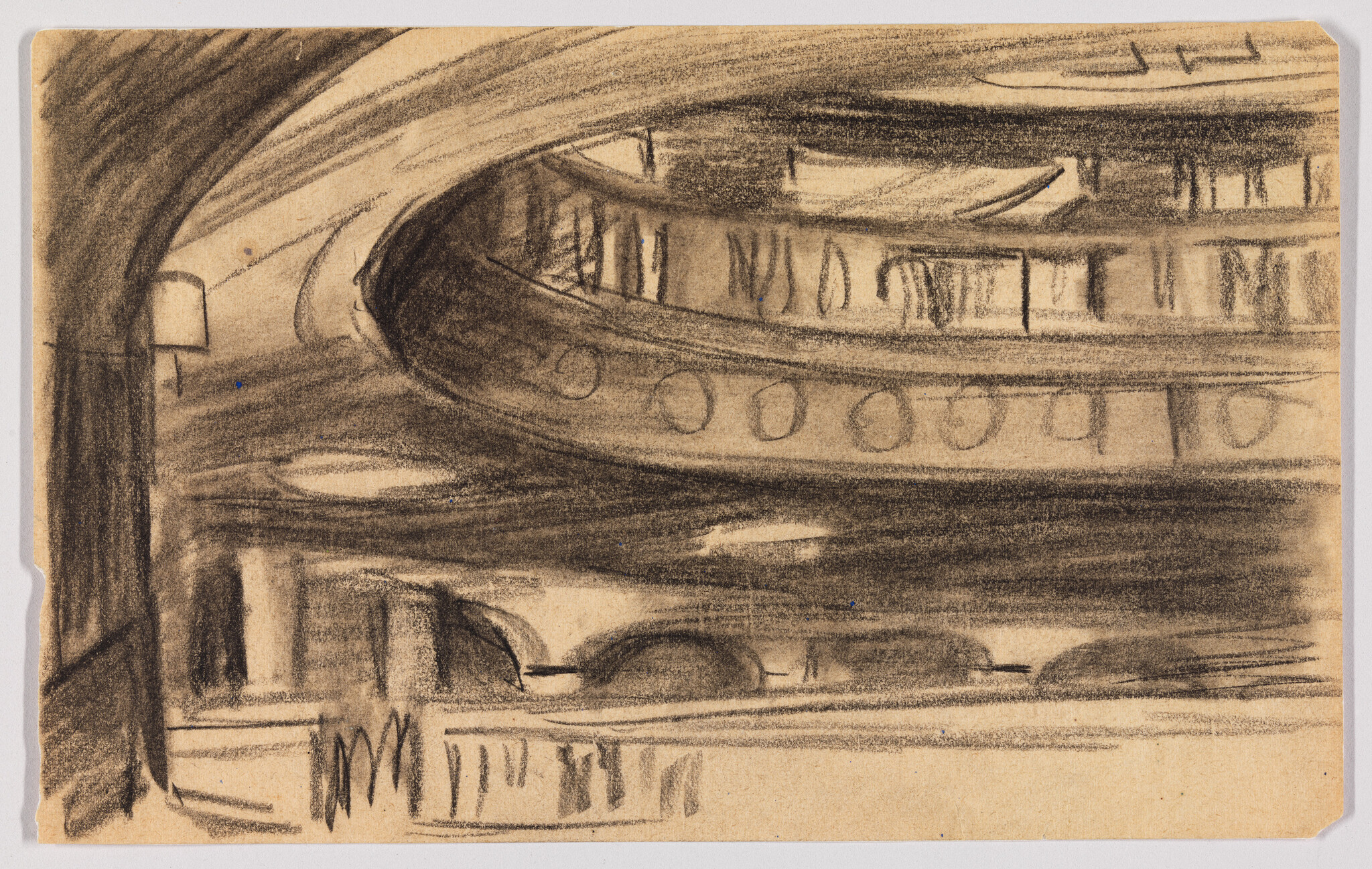 Curved theater balcony and auditorium sketched in charcoal with sweeping arches and seating.