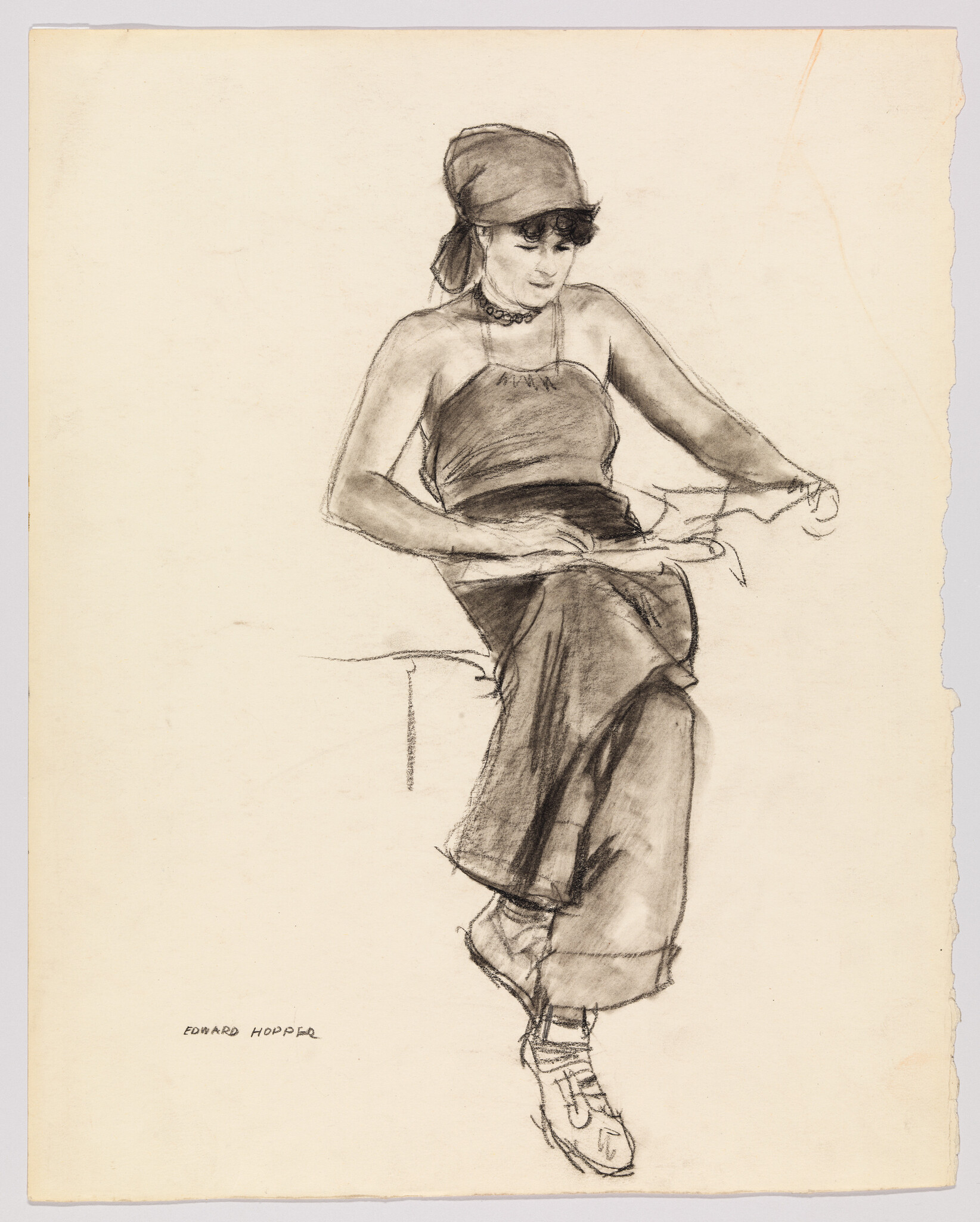 Sketch of a seated woman in a cloche hat and sleeveless top, with a signature "Edward Hopper" at the bottom.