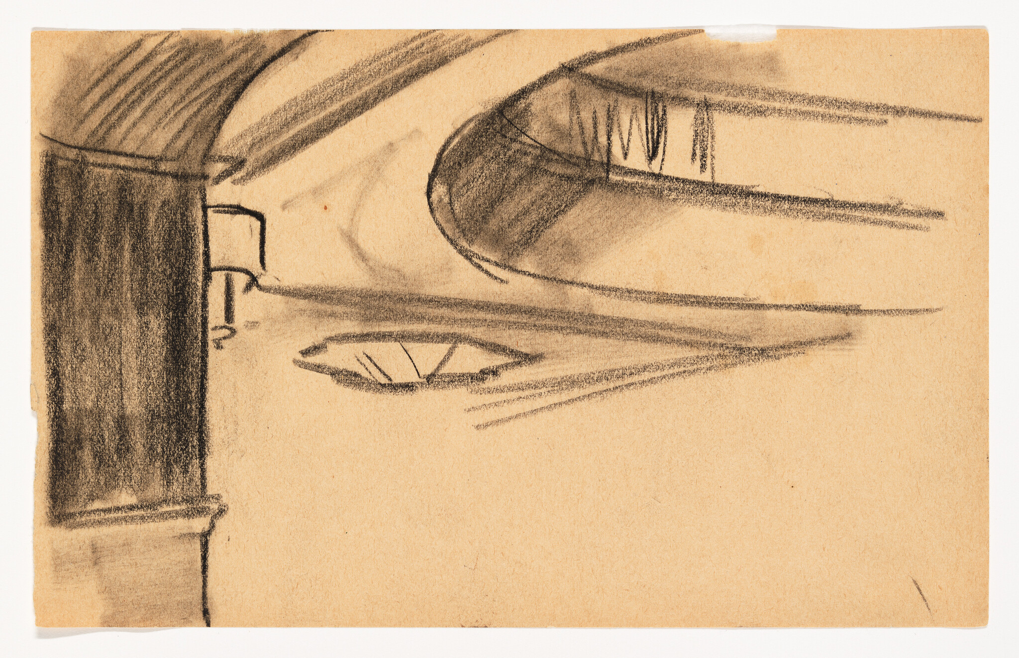 Charcoal sketch of an empty interior showing a column, curved ceiling, and oval skylight.