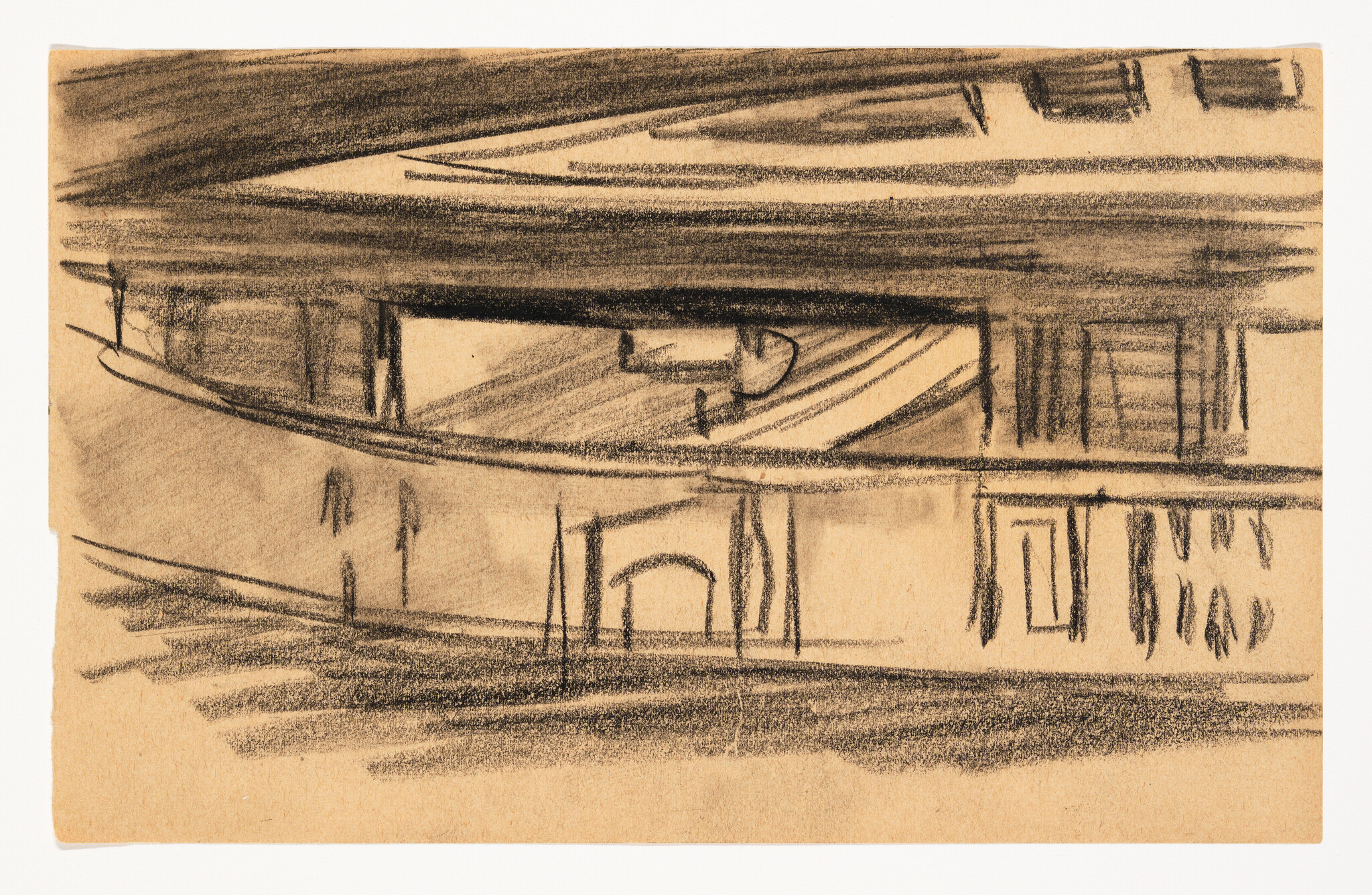 Charcoal sketch of a building facade with a central arched doorway and rectangular windows.