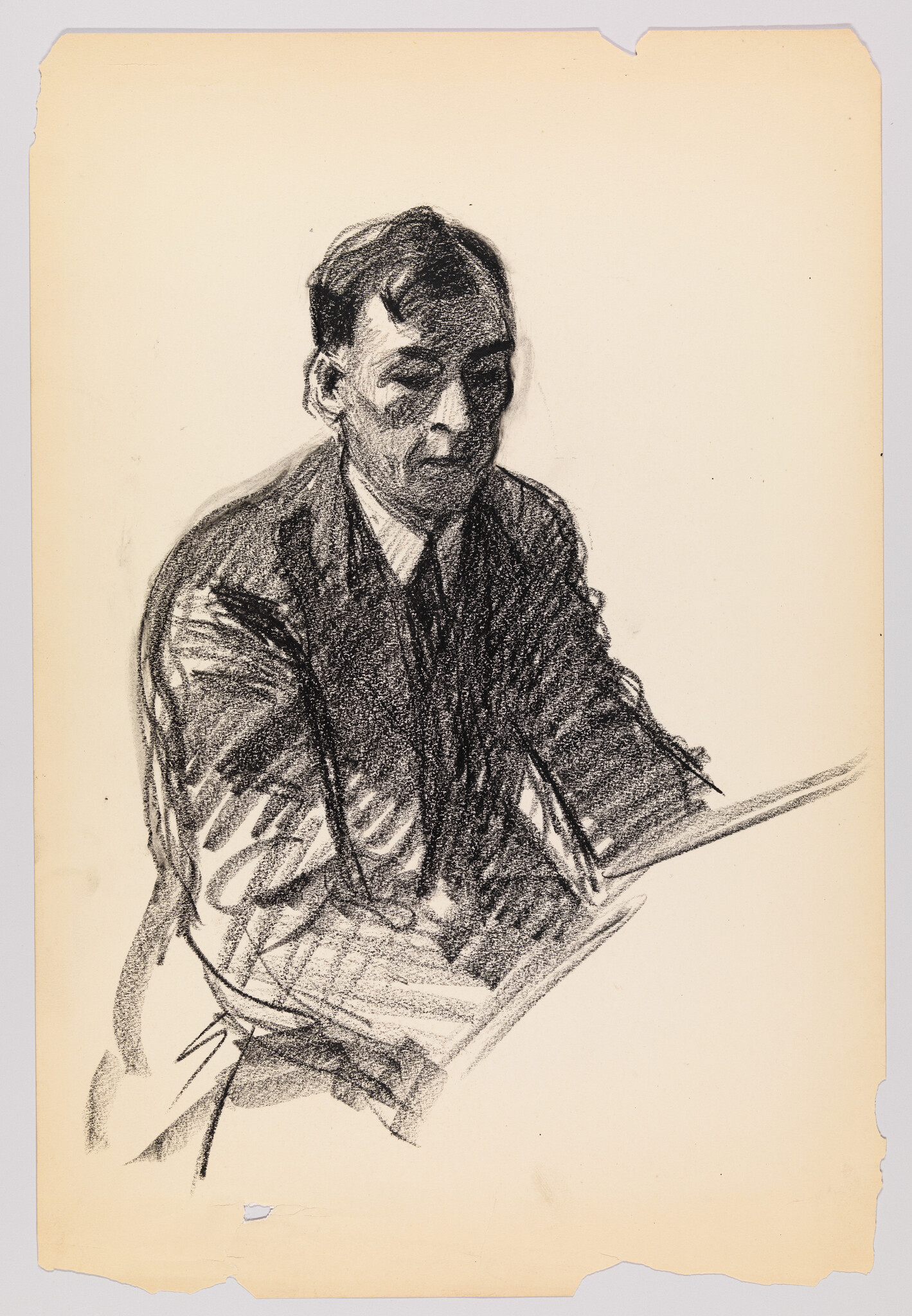 A charcoal sketch showing a seated man in a suit leaning over a desk.