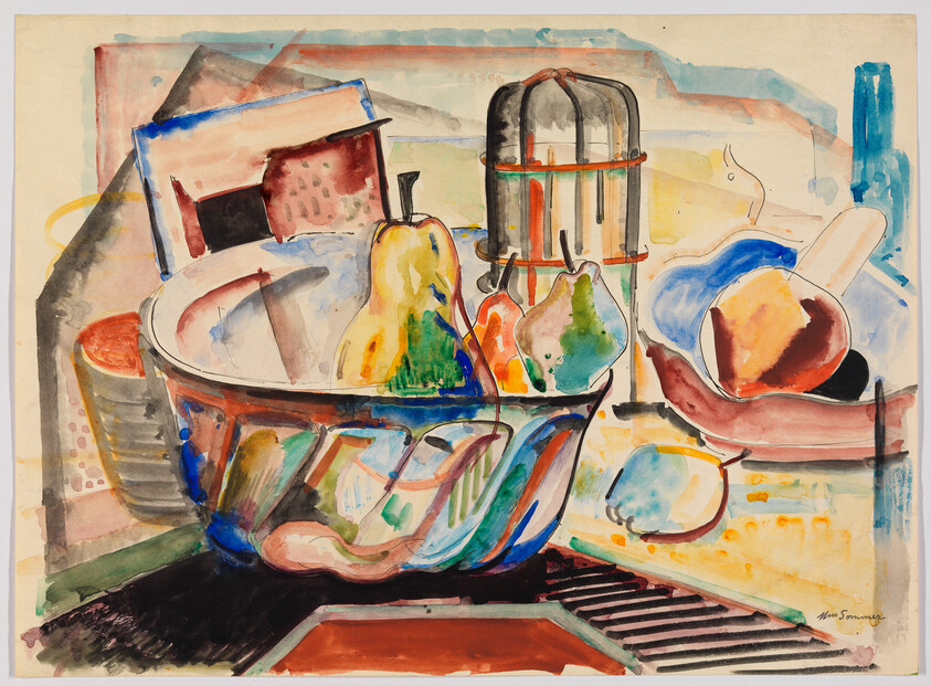 A colorful still life of a glass bowl filled with pears and fruit on a table.