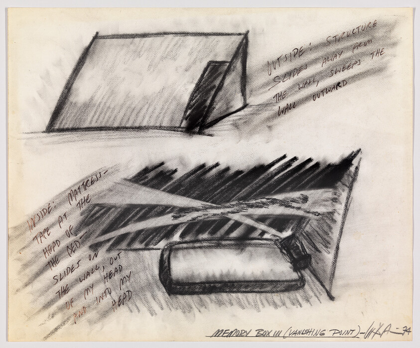Charcoal sketch of a memory box with crossed straps, a cylindrical object, and handwritten notes.