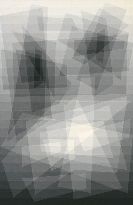 Overlapping transparent gray rectangles and squares create an abstract geometric pattern on a light background.