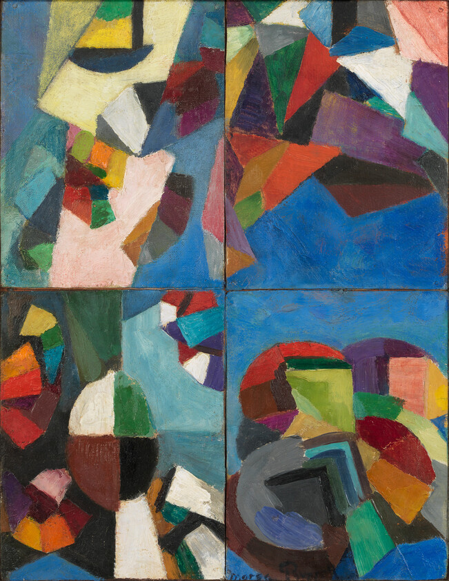 Abstract painting with colorful geometric shapes and patterns on a blue background, divided into four sections.