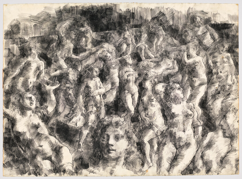 Many nude figures in energetic poses overlap in a dense, sketchy black-and-white drawing.