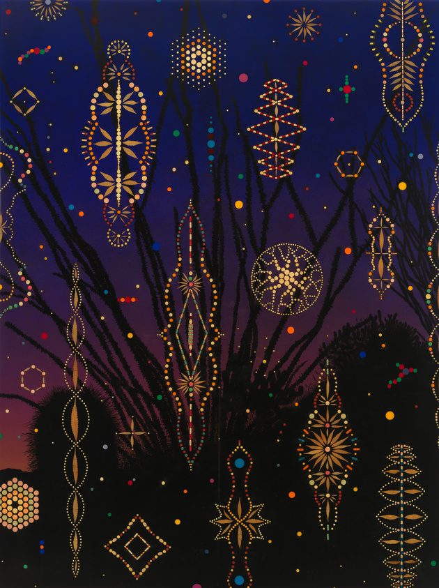 A number of bright, lit up objects shaped like star-like wind mobiles, floating against a dark, cascading evening sky.
