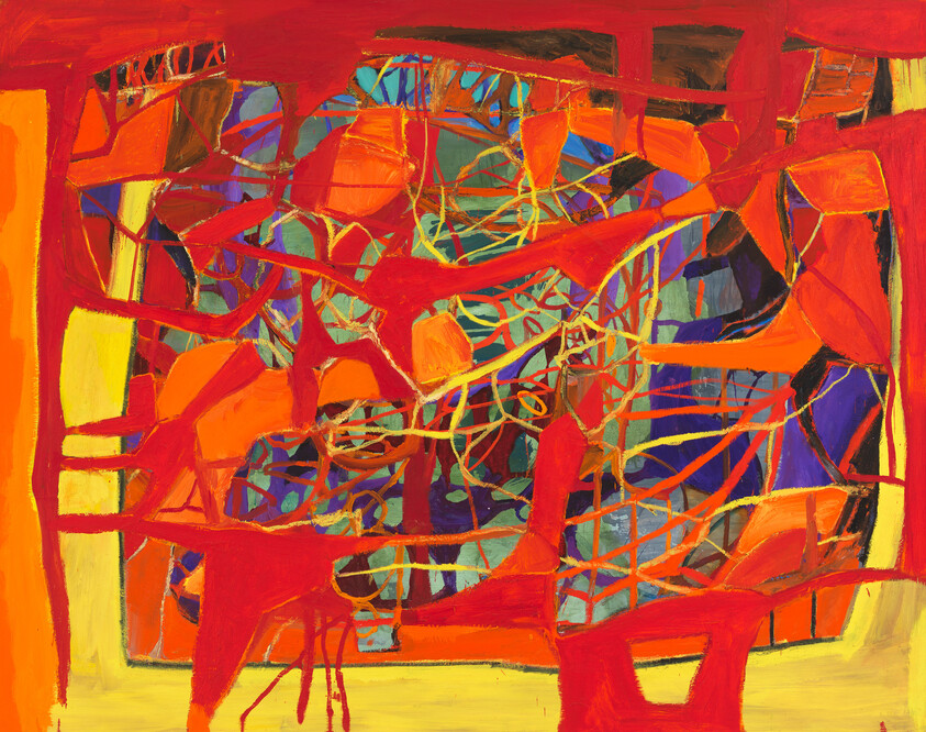 Vibrant abstract painting featuring a chaotic tangle of red and orange lines and shapes against a backdrop of blue, yellow, and green hues, suggesting a sense of energetic movement or complexity.
