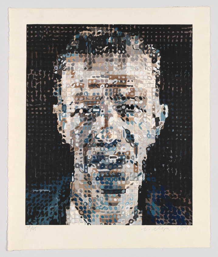 A stylized portrait of a person composed of numerous small, abstract shapes and dots in a limited color palette, primarily in shades of blue, black, and beige. The image has a pixelated effect, with the individual shapes creating the illusion of a face when viewed from a distance. The artwork is signed and numbered at the bottom, suggesting it is part of a limited series. The paper on which the portrait is printed has rough edges, adding to the textured appearance of the piece.