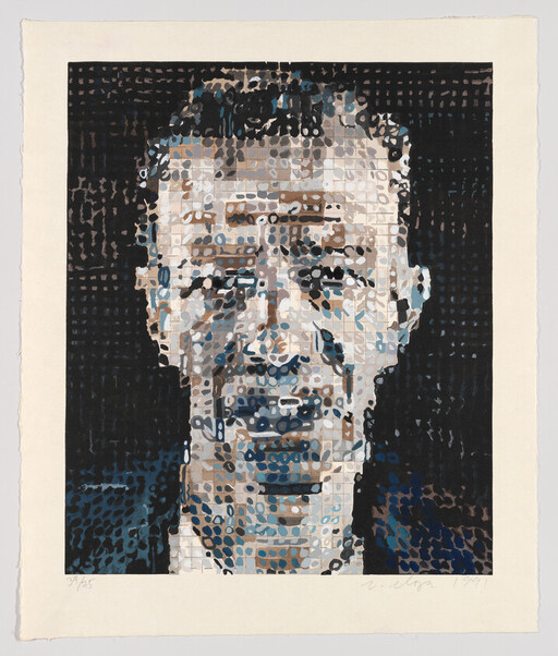 A stylized portrait of a man's face made from layered colored dots and square grids.