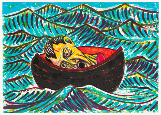 A distressed person with a yellow face lies inside a small black boat amid choppy blue-green waves.