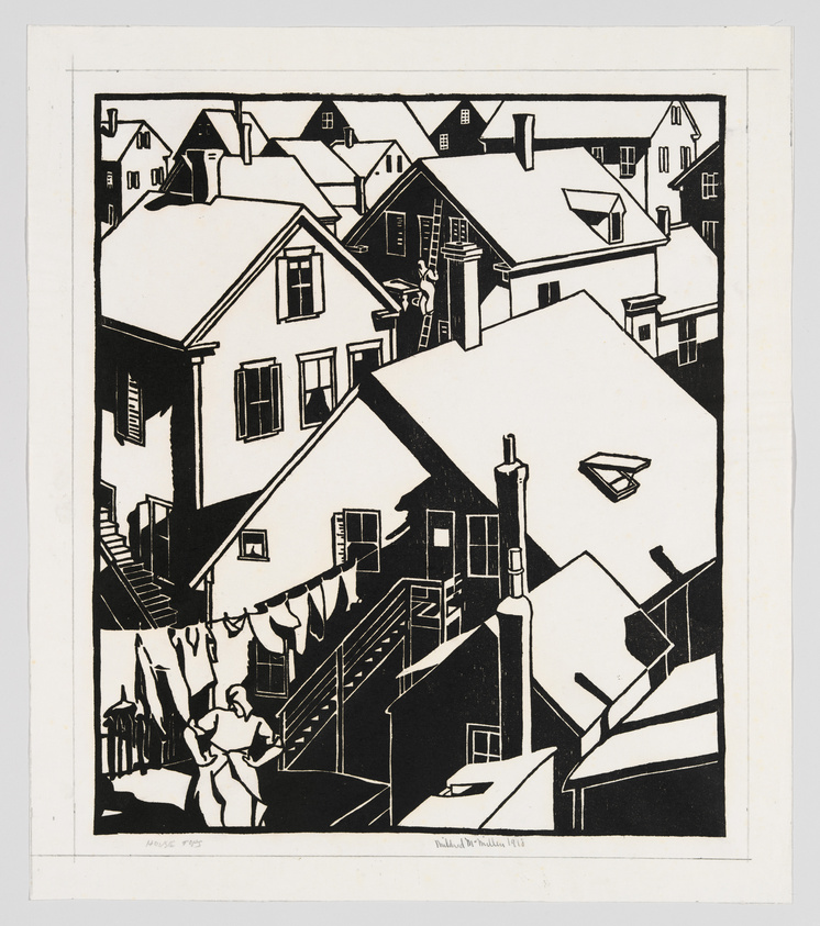 Black and white print depicting a stylized, angular view of a dense residential area with multiple houses. The houses have sharp, geometric shapes and are tightly packed, with a focus on rooftops, windows, and staircases. In the foreground, a figure appears to be hanging laundry on a line. The artwork has a strong contrast between light and shadow, creating a dynamic and somewhat abstract representation of an urban neighborhood. The artist's signature and the year 1925 are visible in the lower right corner.