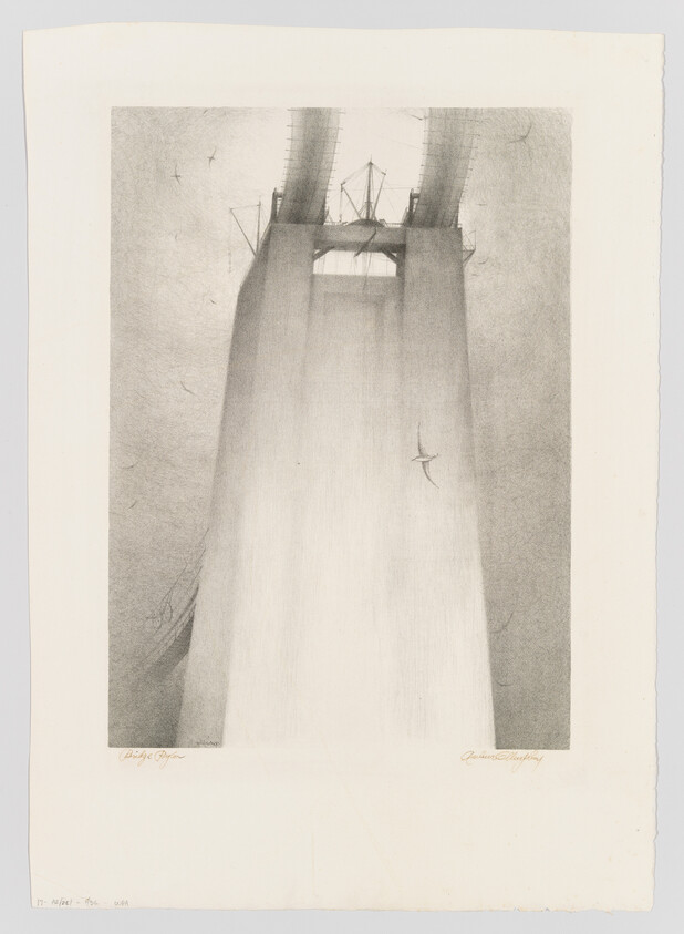 Massive bridge tower rises into fog with seabirds circling its upper structure.