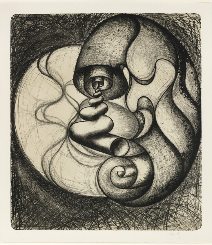 Swirling abstract black-and-white spirals and layered forms converging around a central stacked spiral shape.