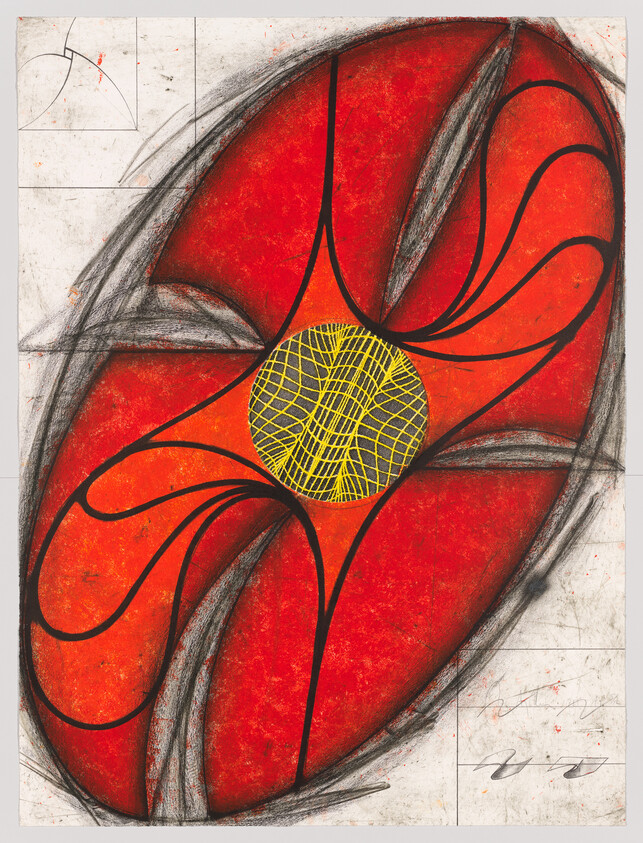 Large red oval with black flowing lines and a yellow patterned center on a pale background.