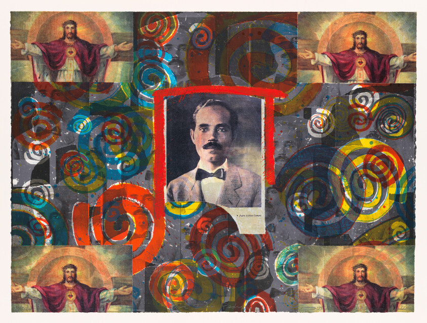 Vintage portrait of a mustached man in a suit framed by colorful spirals and repeated sacred-heart Jesus images.