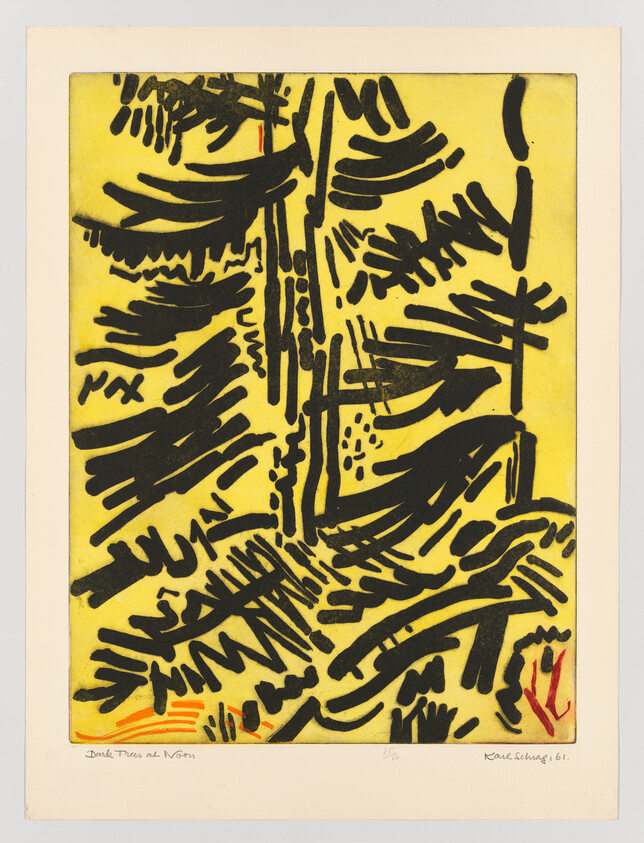 Bold black brushstrokes form abstract tree shapes against a bright yellow background.