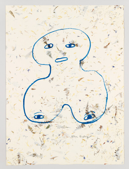 A blue outlined three-lobed abstract figure with a simple face and two small eye shapes on a speckled background.