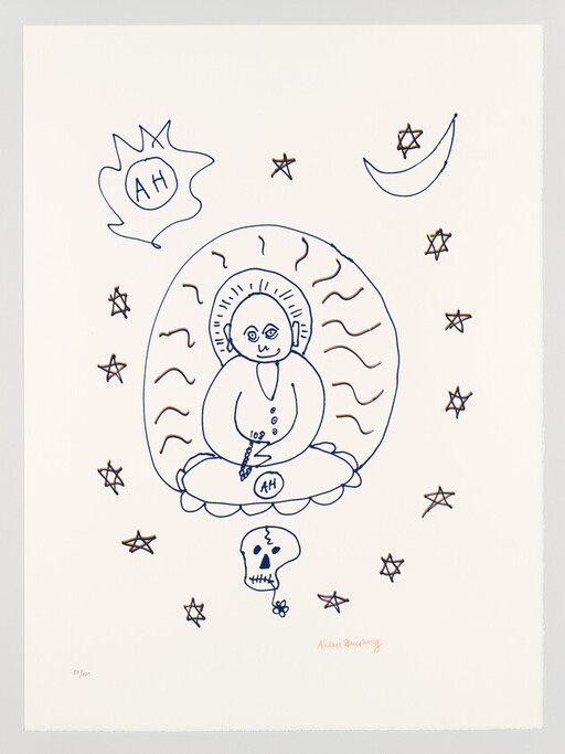 A line drawing shows a meditating figure on a cushion labeled "AH", surrounded by stars, moon, and skull.