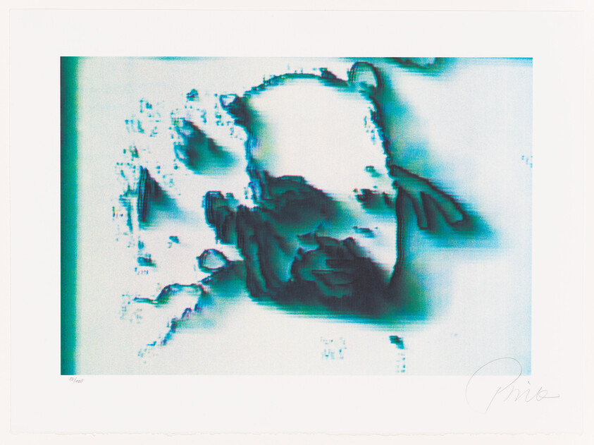 Blurred cyan and teal digital-style portrait of a bearded man's face with glitch-like distortion.