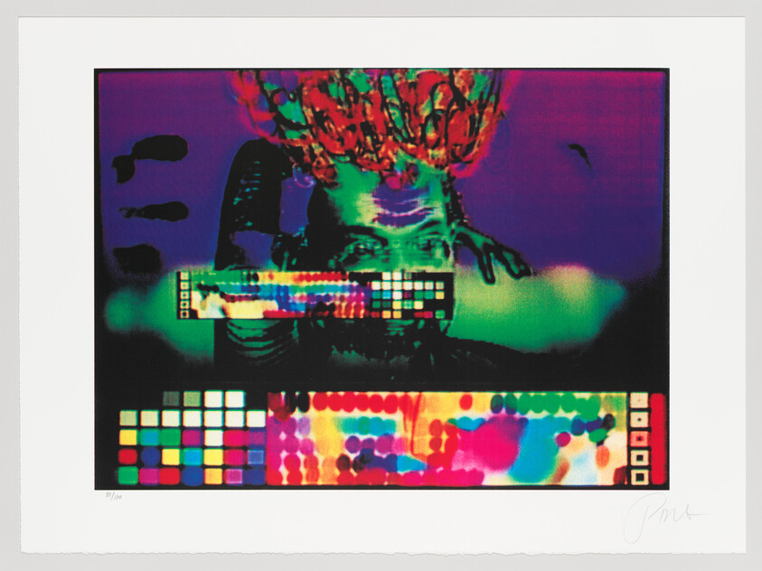 A vivid psychedelic portrait with color calibration bars and multicolored test patterns across the image.