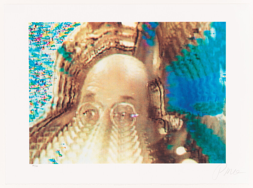 A close-up of a bald person wearing round glasses with a distorted, wavy color glitch effect.