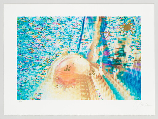 A reclining person with arm raised against a blue textured background with small sun and squiggle symbols.