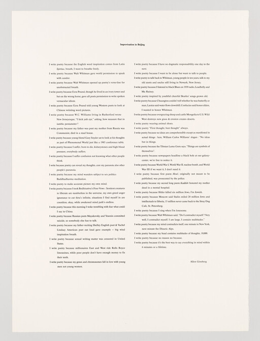 Typed page titled "Improvisation in Beijing" showing Allen Ginsberg's long list of reasons he writes poetry.