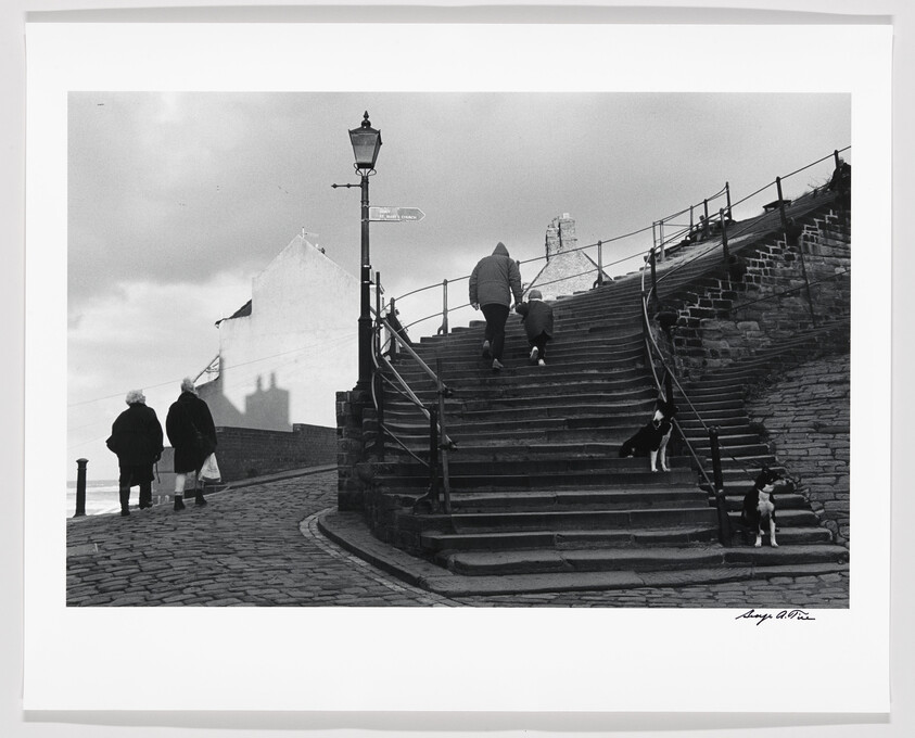 Black and white photo of people and dogs on an old staircase, with a vintage street lamp and cloudy sky.