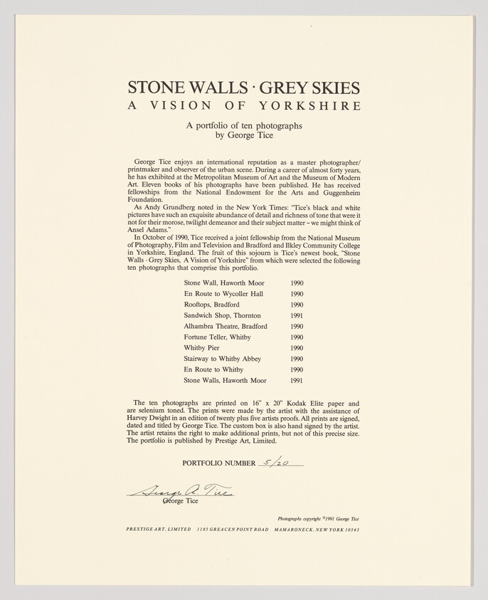 Promotional text for George Tice's photo portfolio "Stone Walls: Grey Skies, A Vision of Yorkshire" with titles and dates of ten photographs.