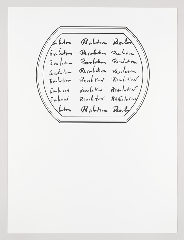 A minimalist artwork featuring a hand-drawn, irregular oval shape with the words "Evolution" and "Revolution" repeatedly handwritten inside, arranged in a circular pattern. The background is plain white.