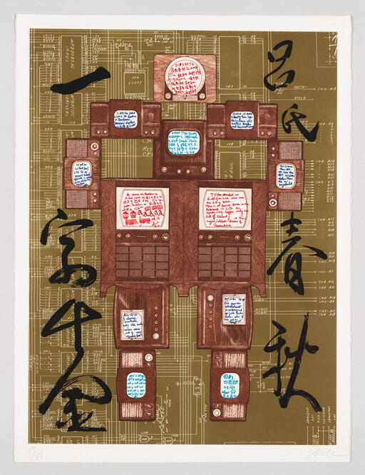 A robot figure made from vintage television sets with handwritten notes on their screens against a schematic background.