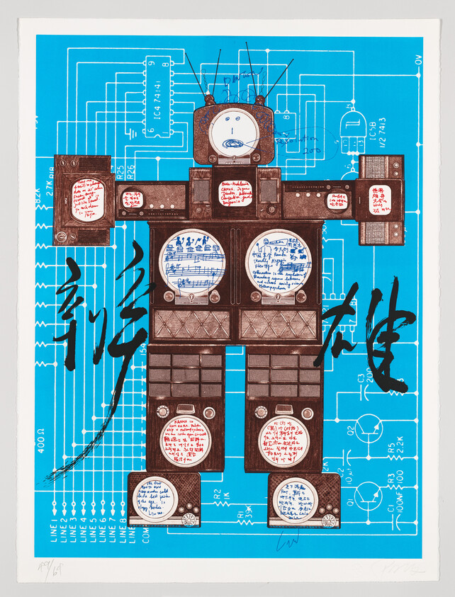 A colorful artwork featuring a robot-like figure composed of various elements including a television for a head, set against a bright blue background with white circuit diagram designs. The robot's body is adorned with panels containing handwritten text in different scripts, and the entire composition is accented with bold black brushstrokes and smaller red and white text elements.