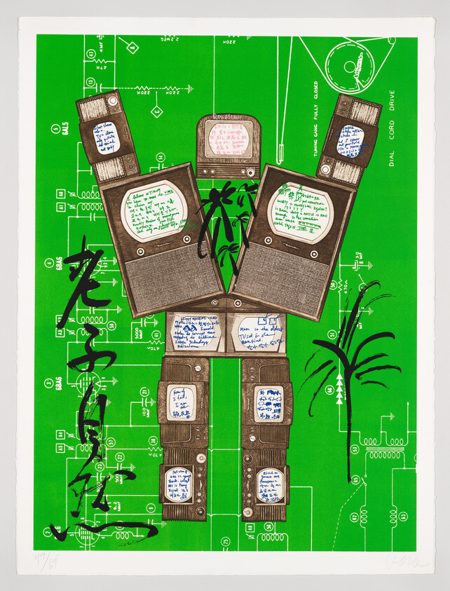 A vibrant artwork featuring a green circuit board background with superimposed images of vintage televisions and palm trees. The televisions have screens filled with handwritten text, and there are abstract black ink marks across the image. The piece has a playful yet technical aesthetic.