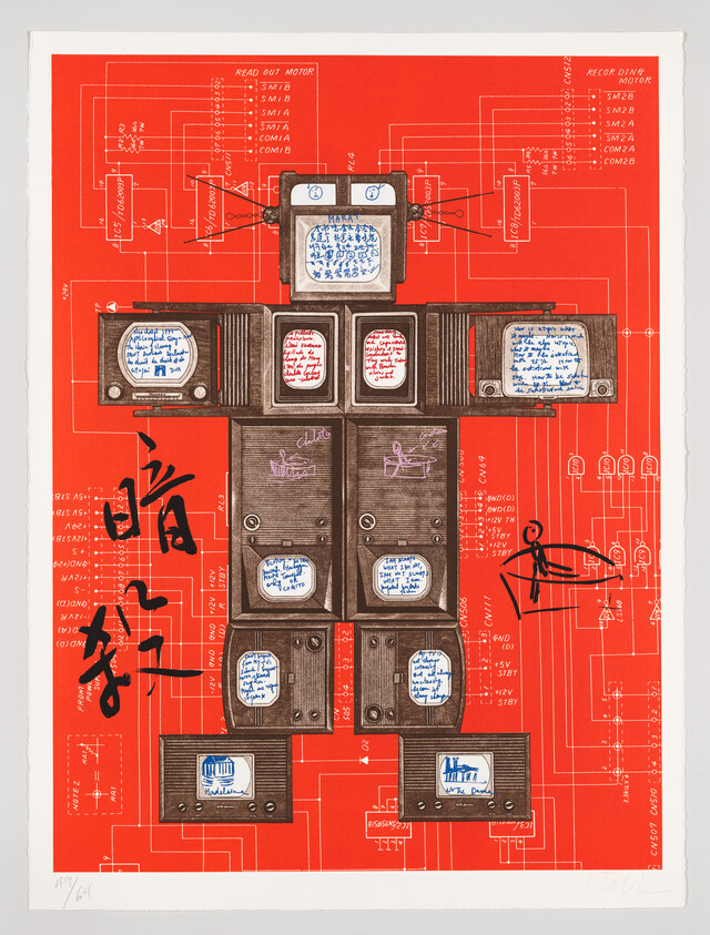 A graphic artwork featuring a bright red background with white and black technical schematics and diagrams. Overlaid on the schematic are several images of cassette tapes with handwritten notes in blue ink on their labels. Black brushstroke-like markings and some additional blue ink inscriptions are scattered across the image. The piece has a signature at the bottom right corner.