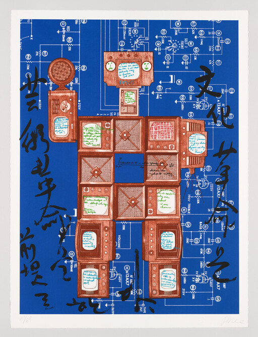 A robot shape made from stacked vintage televisions over a blue electronic schematic with handwritten script.