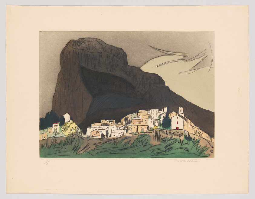 Illustration of a small village with white buildings at the base of a large, dark mountain, under a grey sky with faint bird shapes.