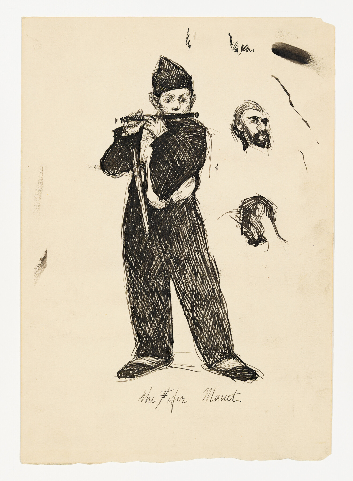 A young man wearing a tall hat stands and plays a fife while sketched in ink.