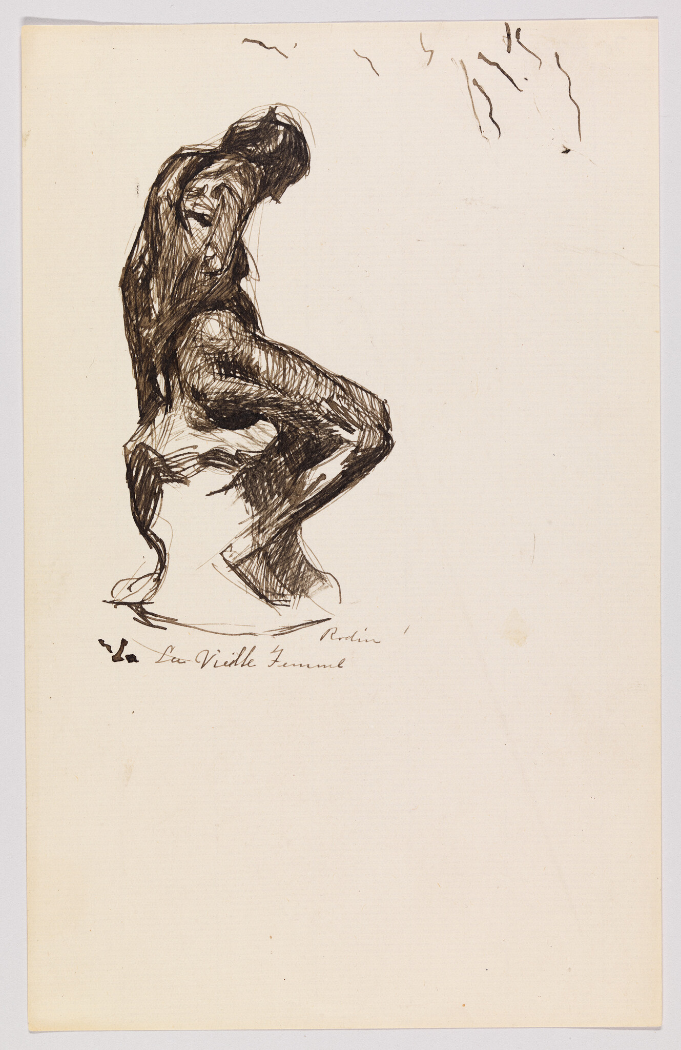 A crouching nude figure with head bowed and legs drawn close to the body.